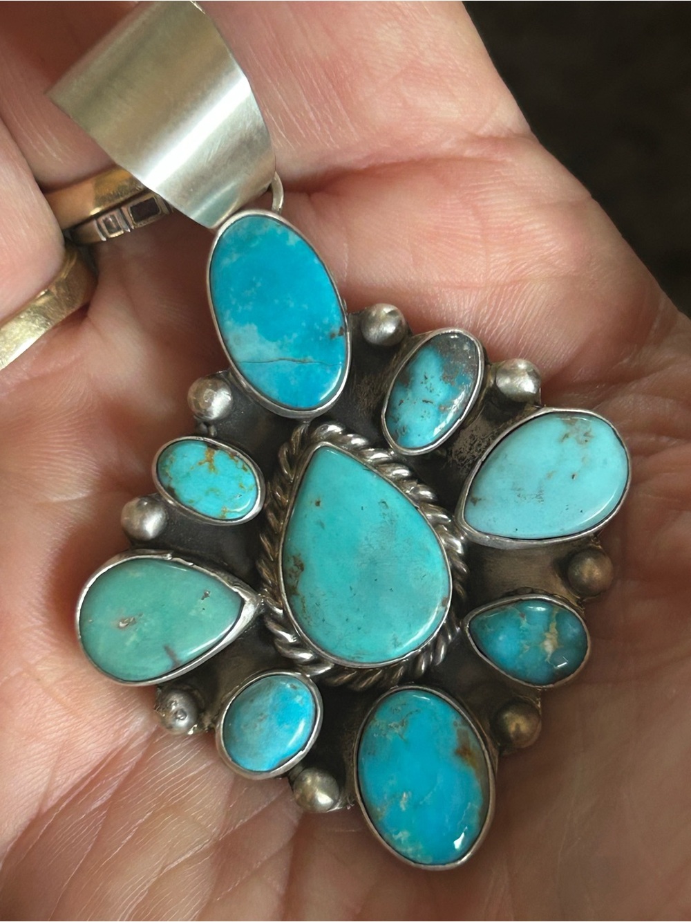 Kingman Turquoise Native Sterling Silver Adjustable Ring Signed Wilson Dawes